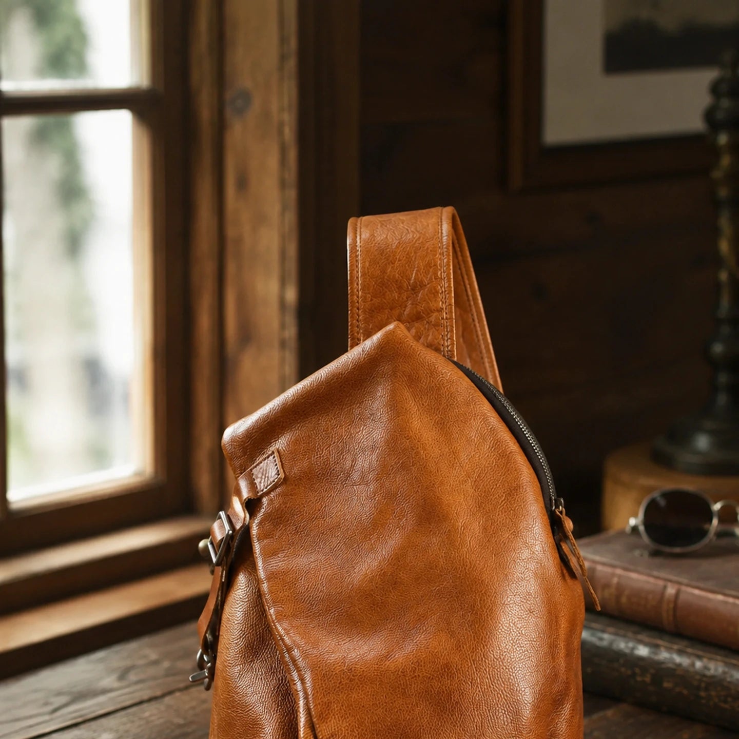 Vintage Brown first-layer cowhide sling bag in a warm interior setting