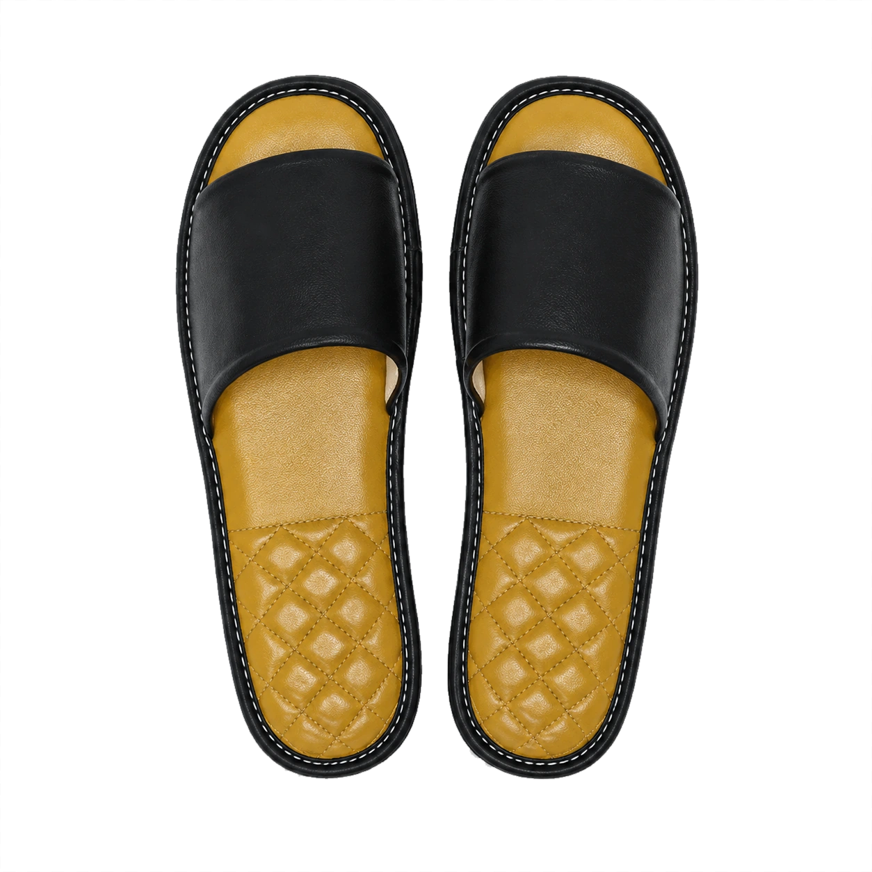 Black lambskin leather open-toe slippers with amber footbeds on a transparent background
