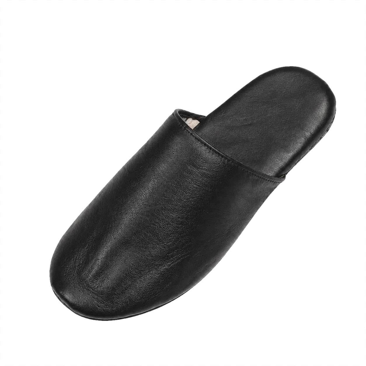 Black lambskin lightweight travel slipper angled view on a transparent background
