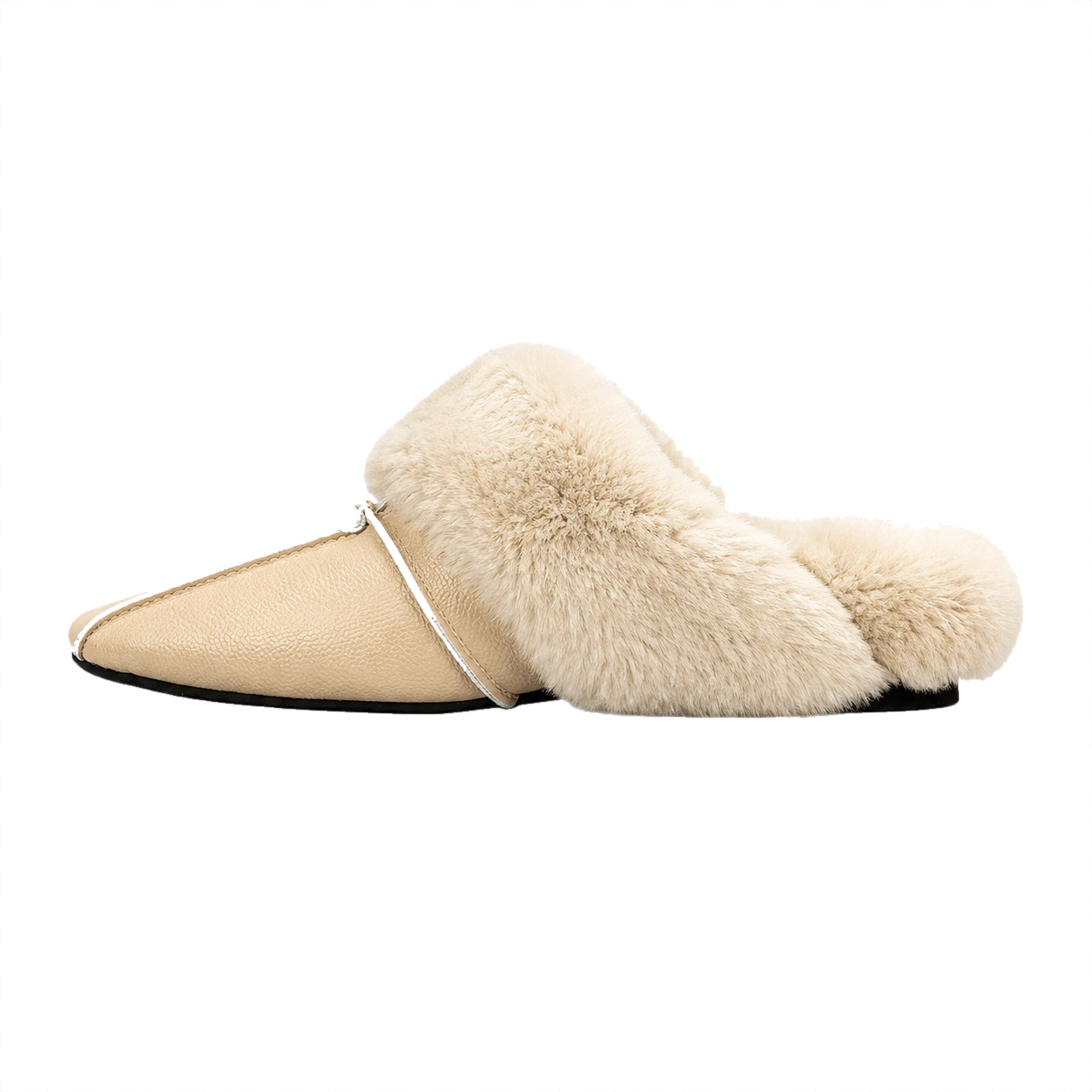 Camel genuine cowhide and rabbit fur mule slipper side view on a transparent background