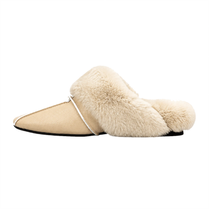 Camel genuine cowhide and rabbit fur mule slipper side view on a transparent background
