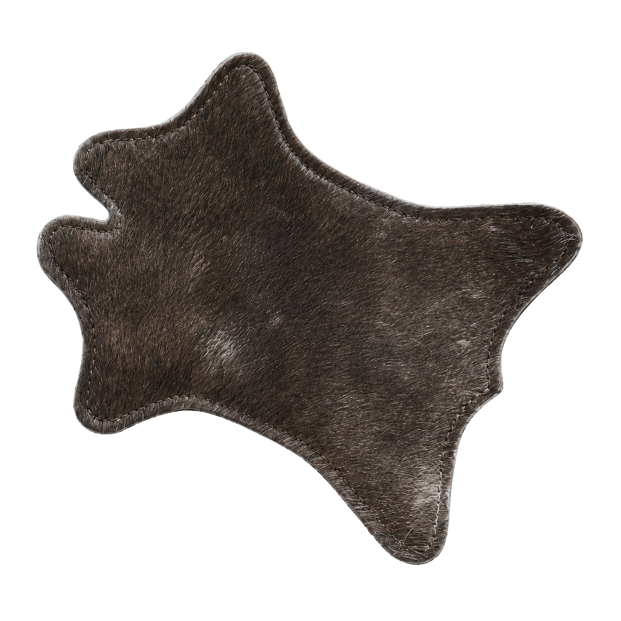 Single dark brown genuine cowhide silhouette coaster with stitched edge on transparent background