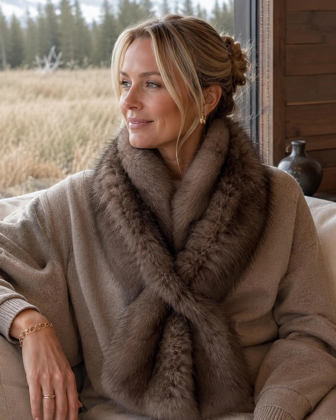 Woman over 45 wearing a Deep Mocha Brown rectangular fur scarf in a quiet wood interior