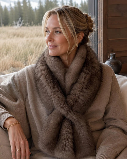 Woman over 45 wearing a Deep Mocha Brown rectangular fur scarf in a quiet wood interior