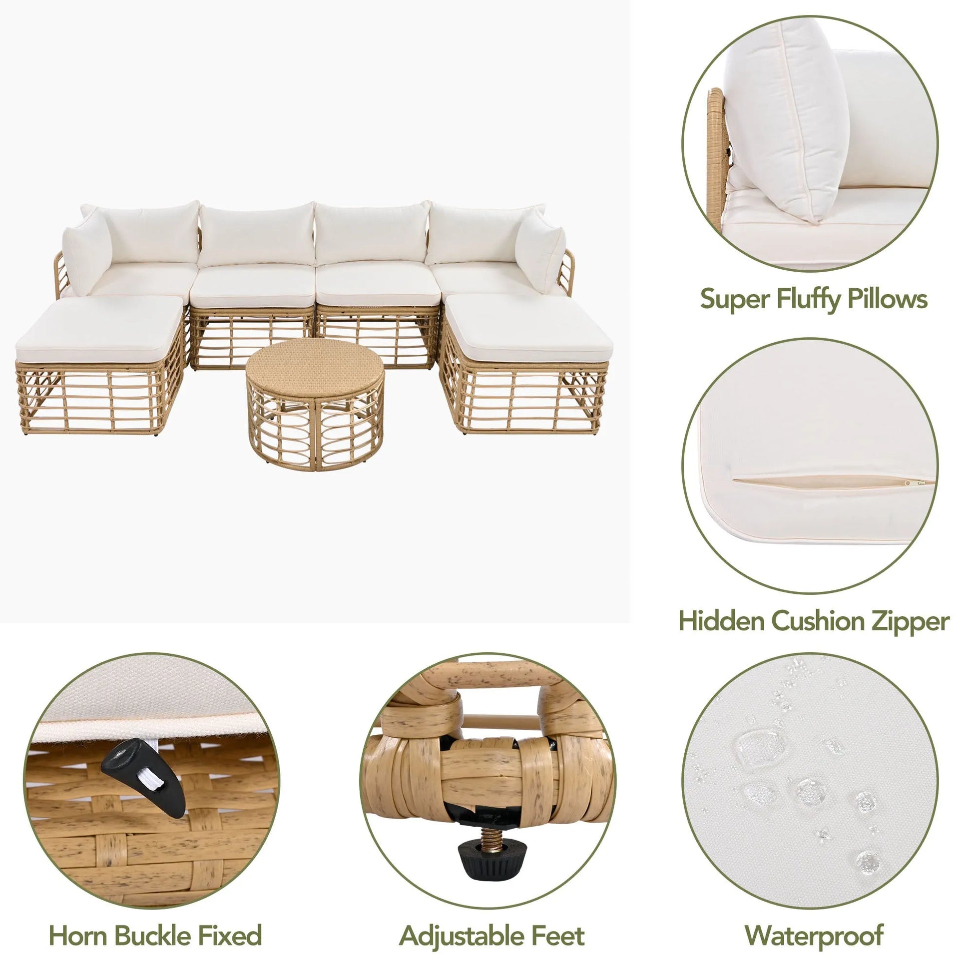 7 Pieces Outdoor Patio Furniture, All-Weather Rattan Sectional Sofa Set with Thick Cushions and Pillows, Freely Combined Conversation Sets for – view 4