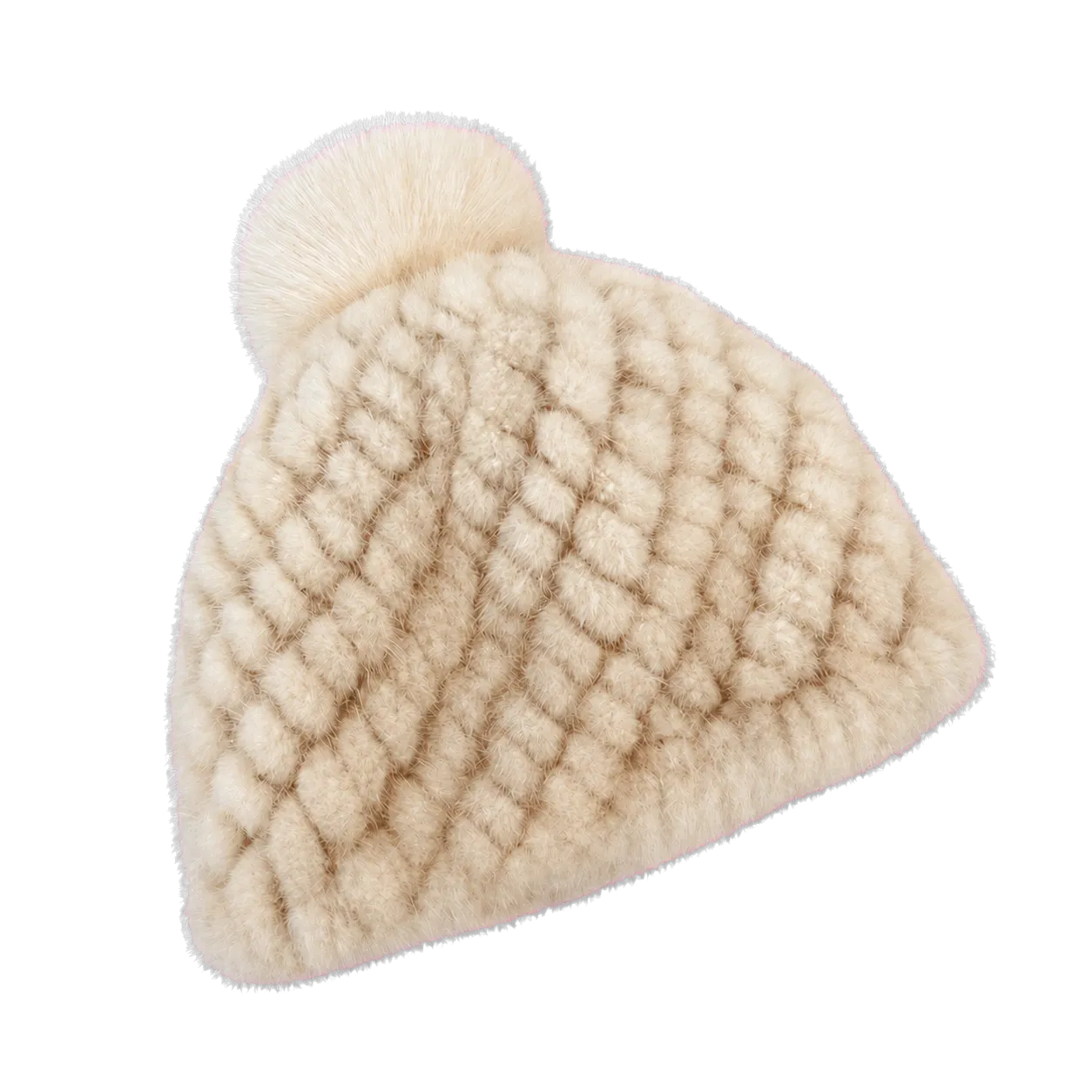 Ivory genuine mink fur knitted pom-pom hat isolated on a transparent background