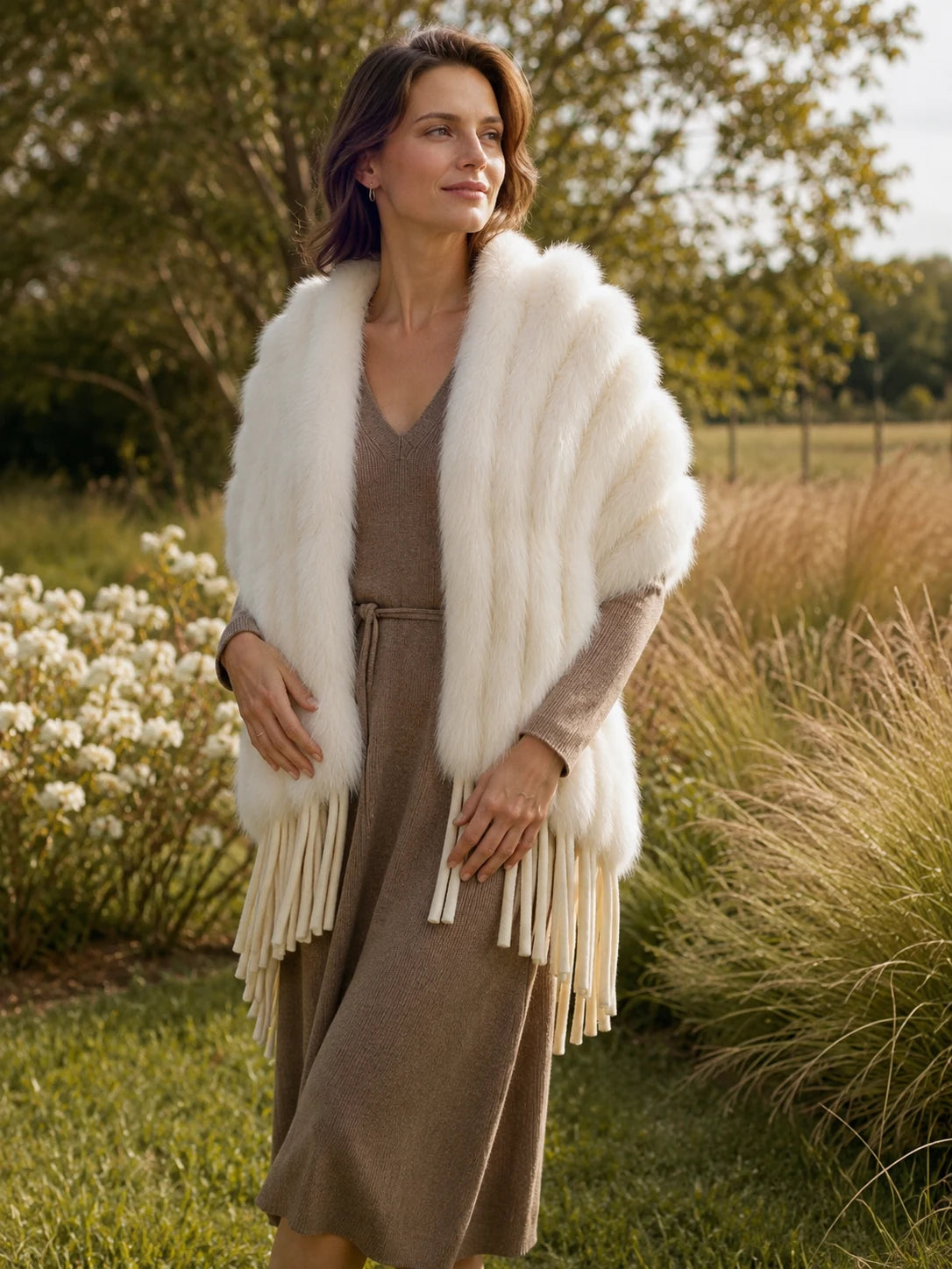 Ivory Beige fox fur fringed shawl styled in a garden