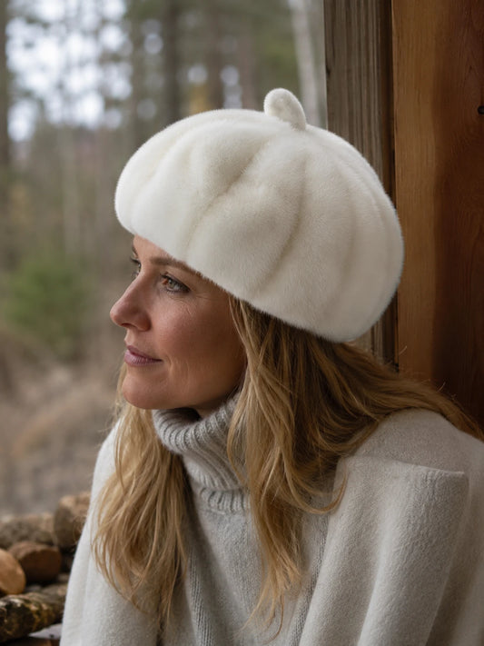 Woman wearing an Ivory White genuine mink fur beret by a cabin window