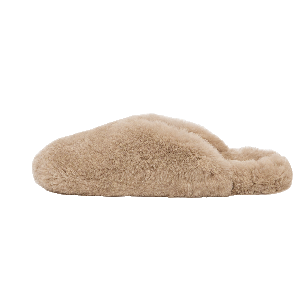 Latte genuine rabbit fur closed-toe house slippers on a transparent background