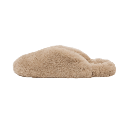 Latte genuine rabbit fur closed-toe house slippers on a transparent background