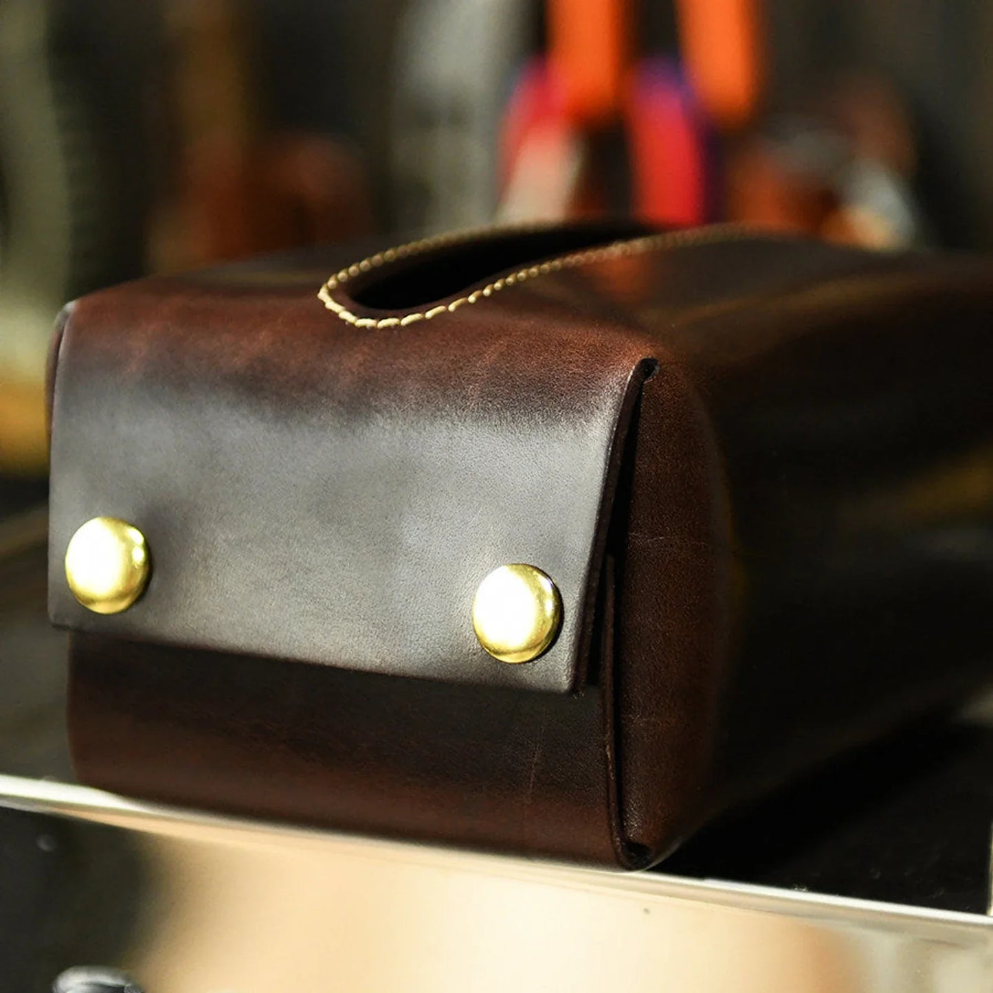 Vegetable-tanned leather tissue box cover in Dark Brown
