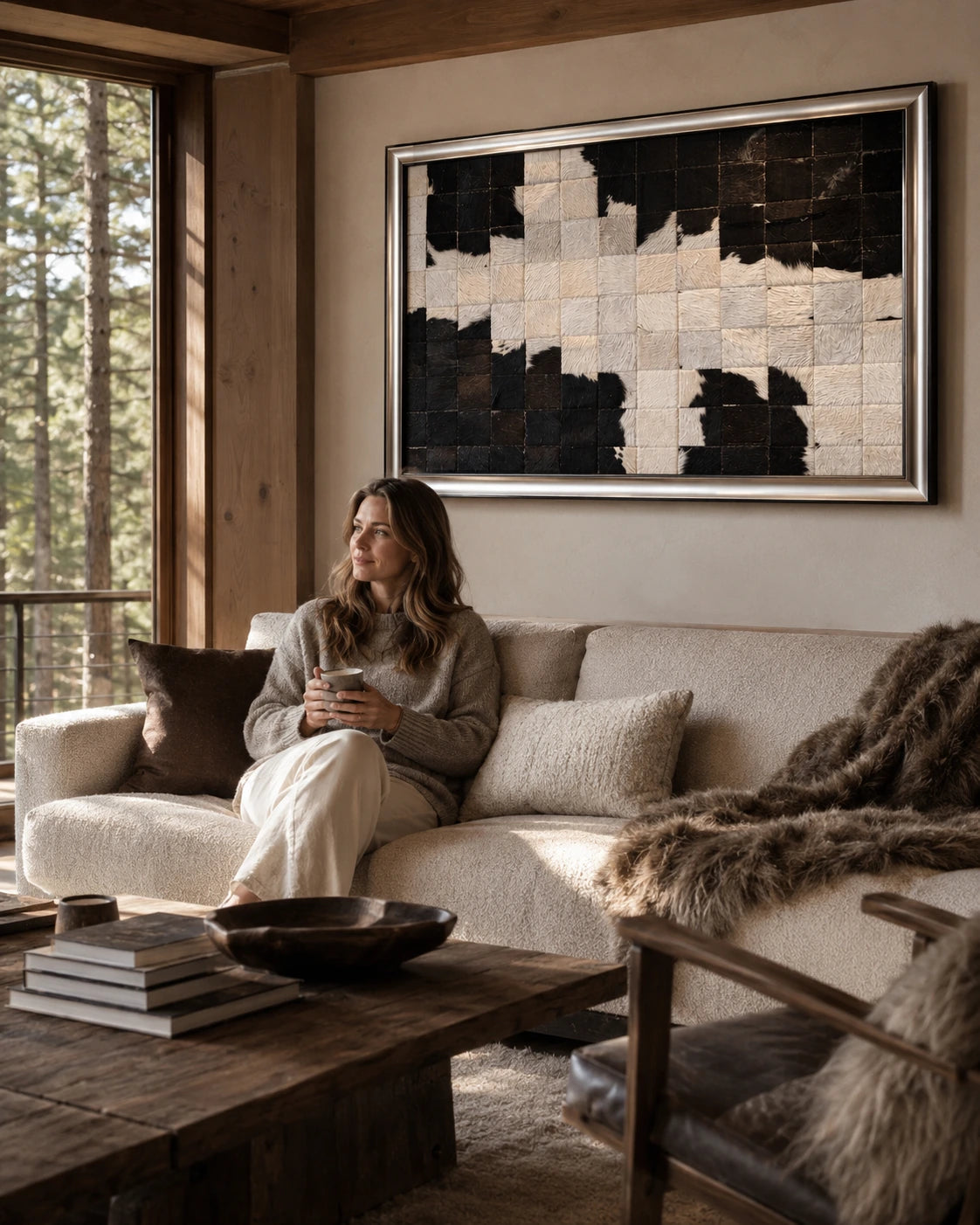 Woman reading beneath black and ivory framed cowhide patchwork wall art
