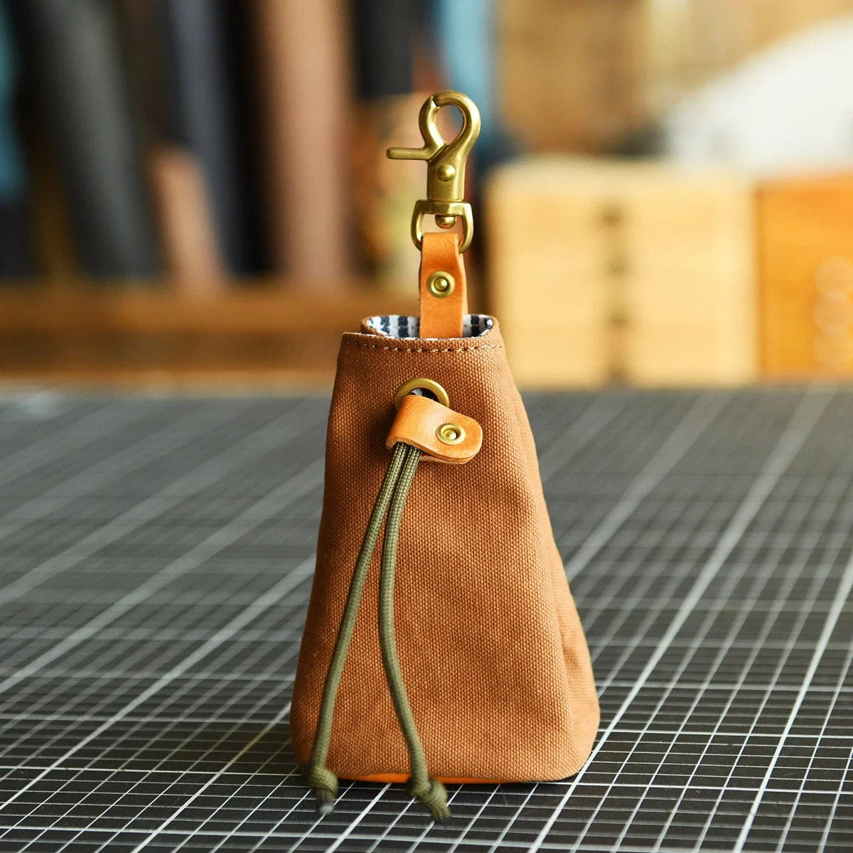 Light Coffee canvas and leather drawstring storage pouch