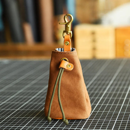 Light Coffee canvas and leather drawstring storage pouch