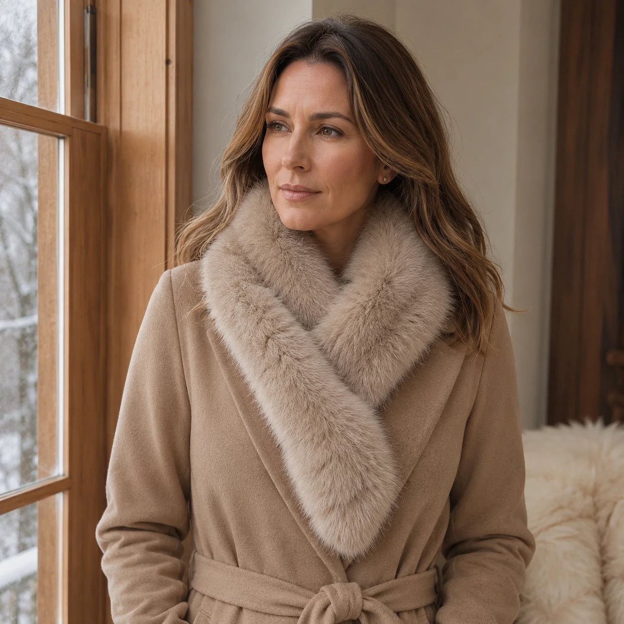Adult woman wearing a Light Taupe Two-Tone fox and Rex rabbit fur scarf near a window