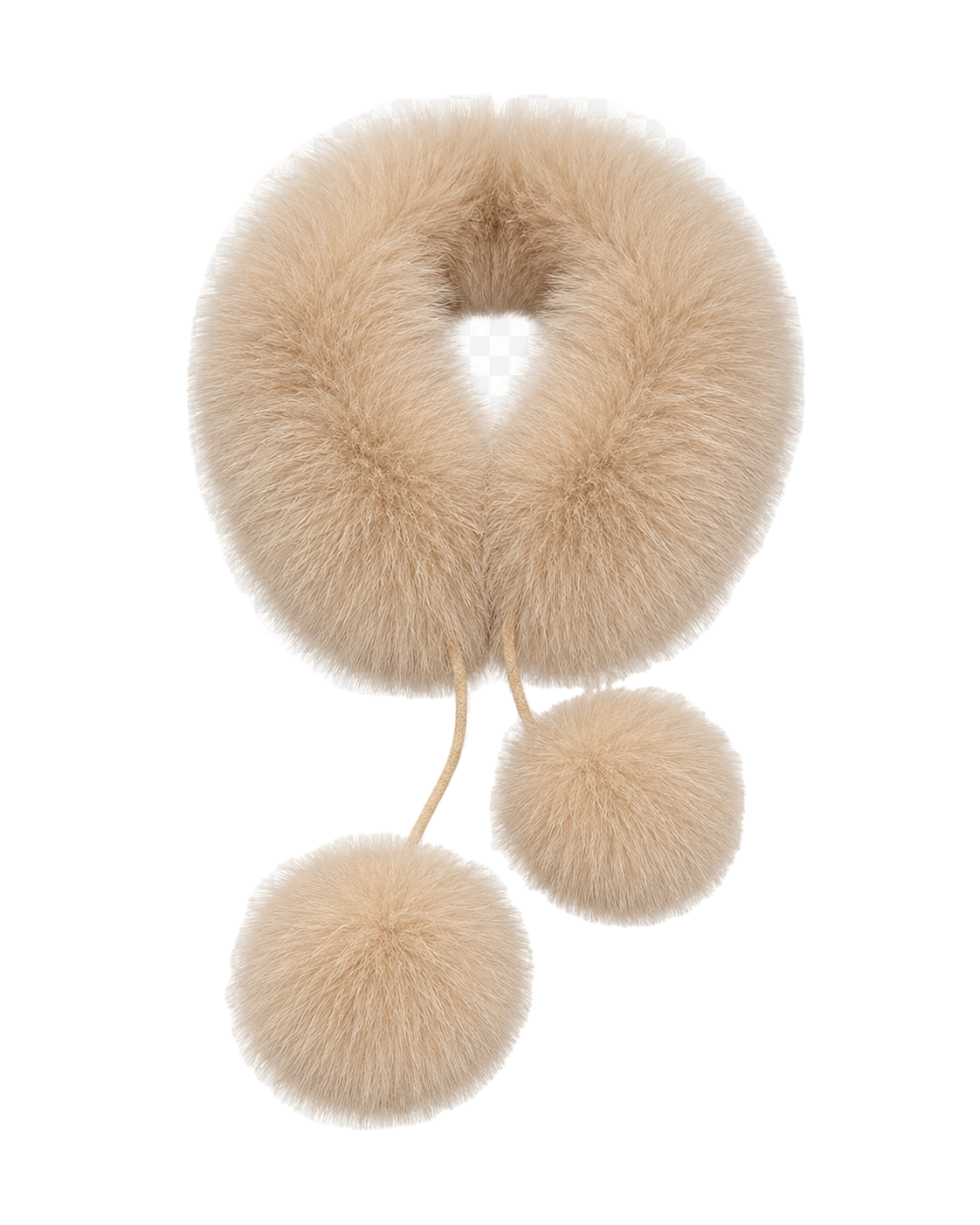 Milk Tea Taupe genuine fox fur loop scarf with rabbit fur lining and two pom-poms on transparent background