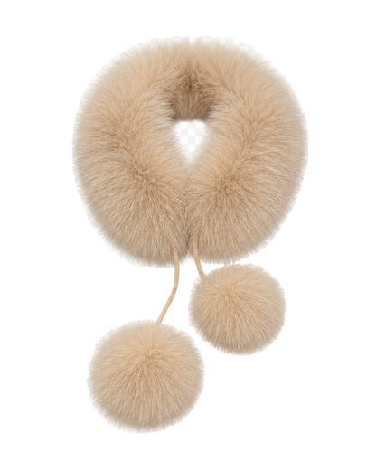 Milk Tea Taupe genuine fox fur loop scarf with rabbit fur lining and two pom-poms on transparent background