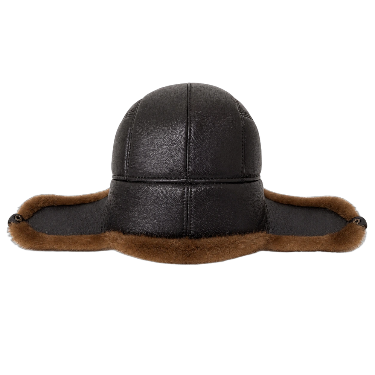 Mocha Brown men's leather-and-fur cap opened flat to show the ear-flap construction