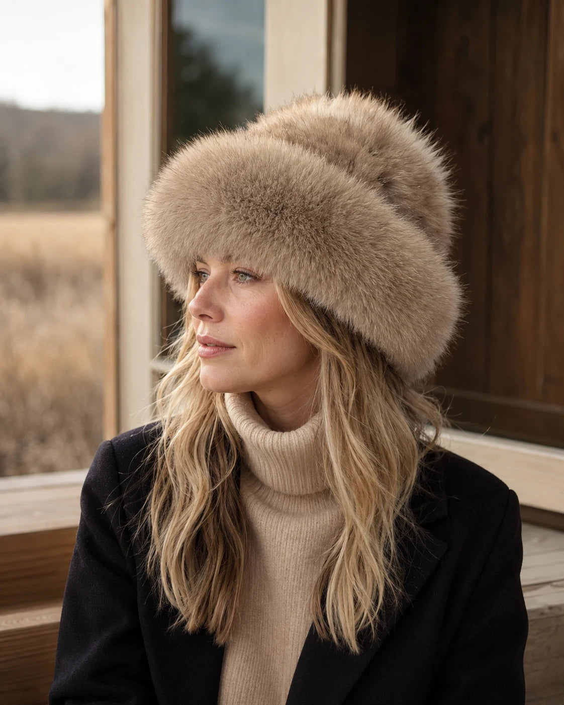 Light Sable Brown genuine sable fur bucket hat styled for a cold-weather window-side outfit
