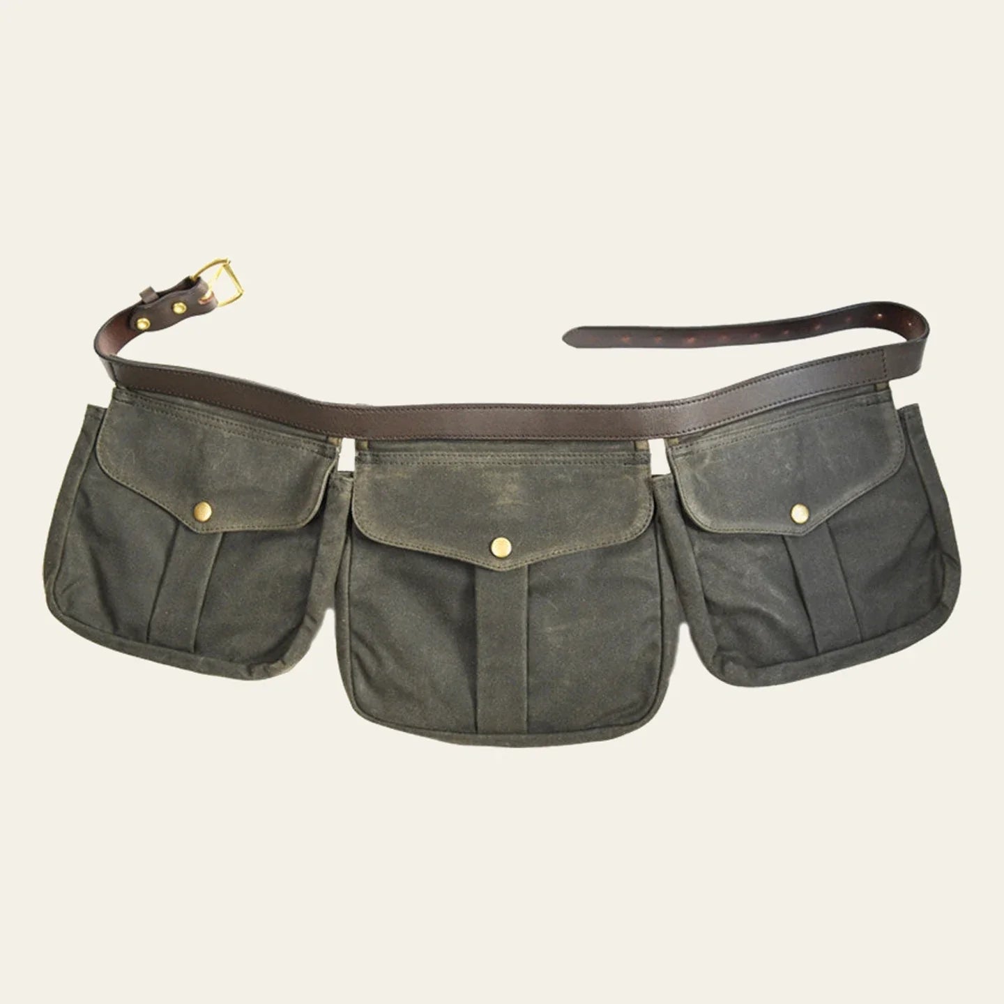 Multi-pocket canvas waist bag shown fully extended with its adjustable strap