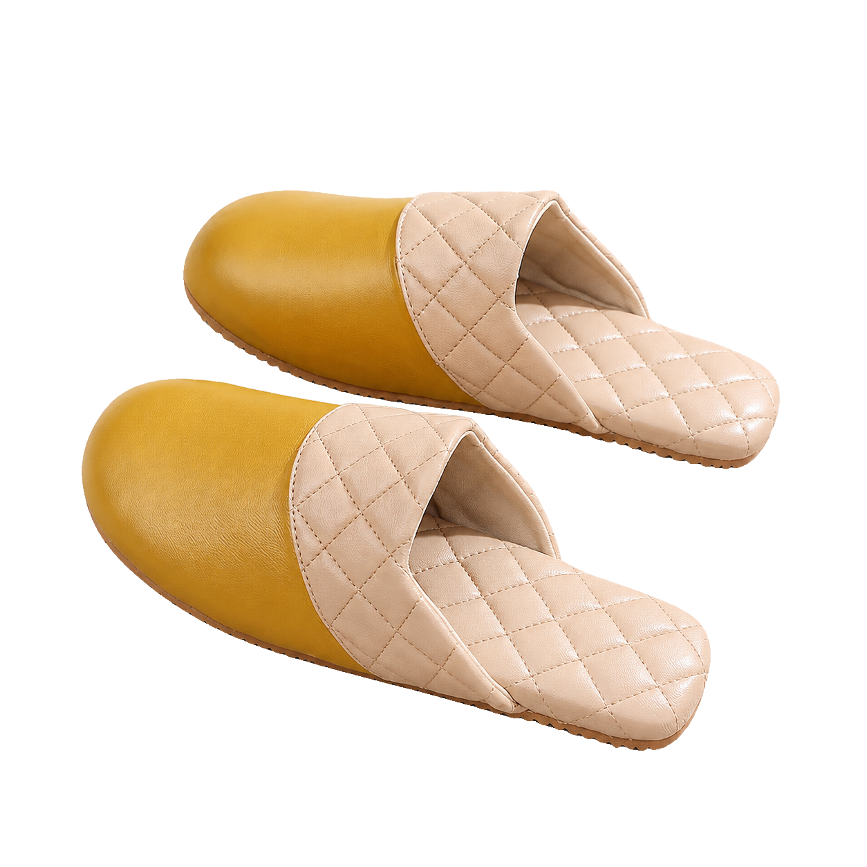 Mustard Yellow genuine lambskin leather house slippers on a transparent background