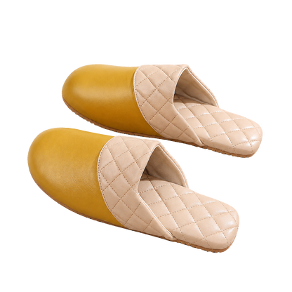 Mustard Yellow genuine lambskin leather house slippers on a transparent background