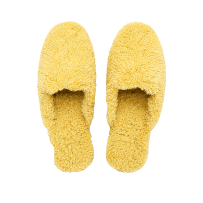 Mustard Yellow genuine wool and leather closed-toe house slippers on transparent background