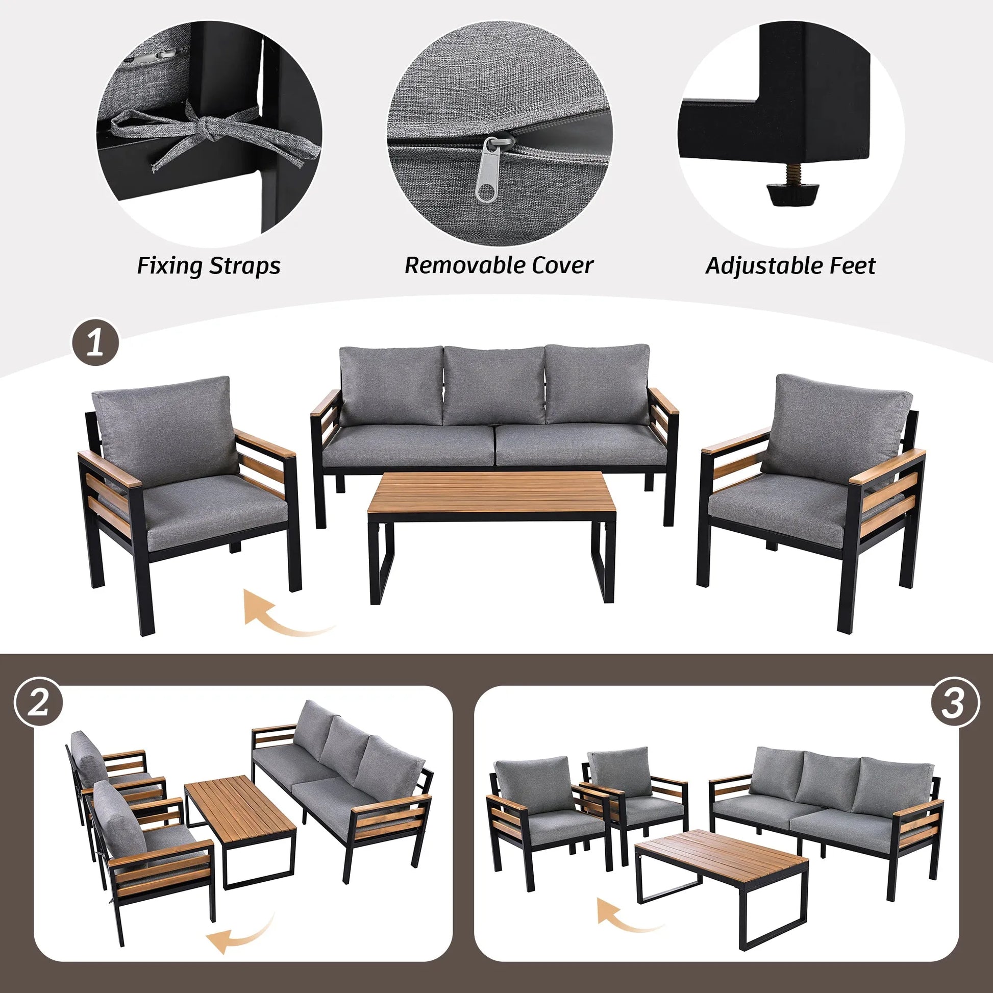 <Old SKU: N704G201246E> GO 4-Piece Outdoor Furniture Sofa Set for 5 People with Acacia Wood Armrests, Patio Conversation Set with Removable Cushion – view 4