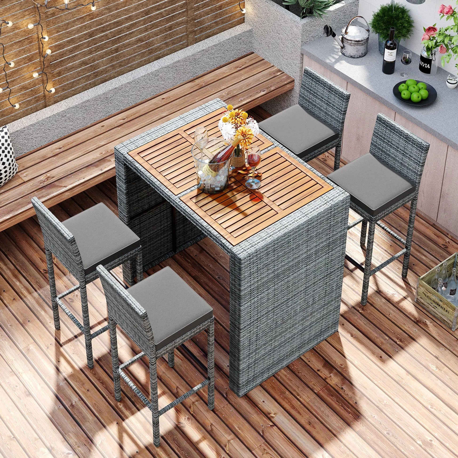 <Old SKU: FG201216AAE> GO 5-pieces Outdoor Patio Wicker Bar Set, Bar Height Chairs With Non-Slip Feet And Fixed Rope, Removable Cushion, Acacia Wood – view 4