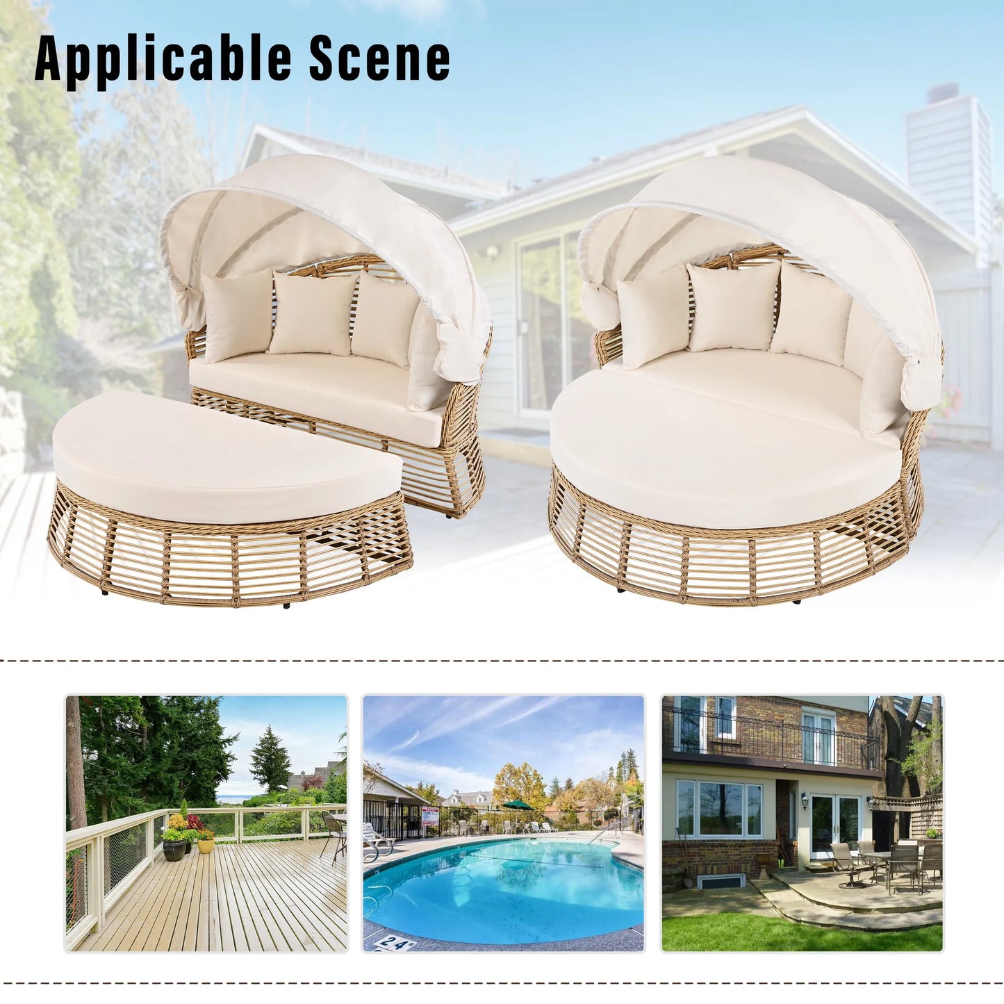 <Old SKU: N704G201243A> Outdoor Patio Rattan Round Daybed with Retractable Canopy, Wicker Furniture Round Poolside Sofa Sunbed with Removable – view 4