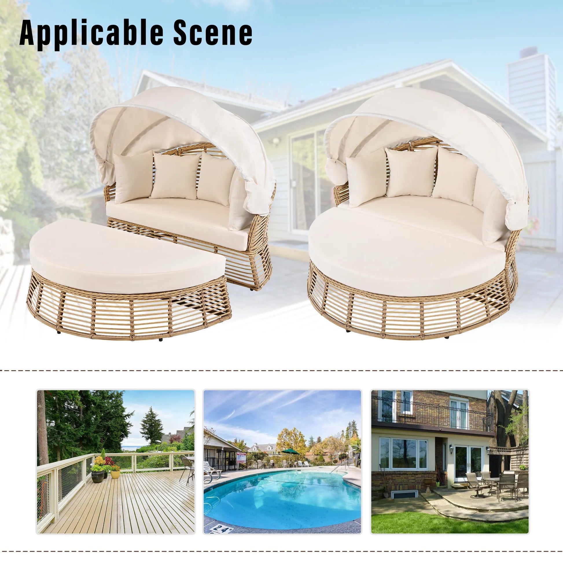 <Old SKU: N704G201243A> Outdoor Patio Rattan Round Daybed with Retractable Canopy, Wicker Furniture Round Poolside Sofa Sunbed with Removable – view 4