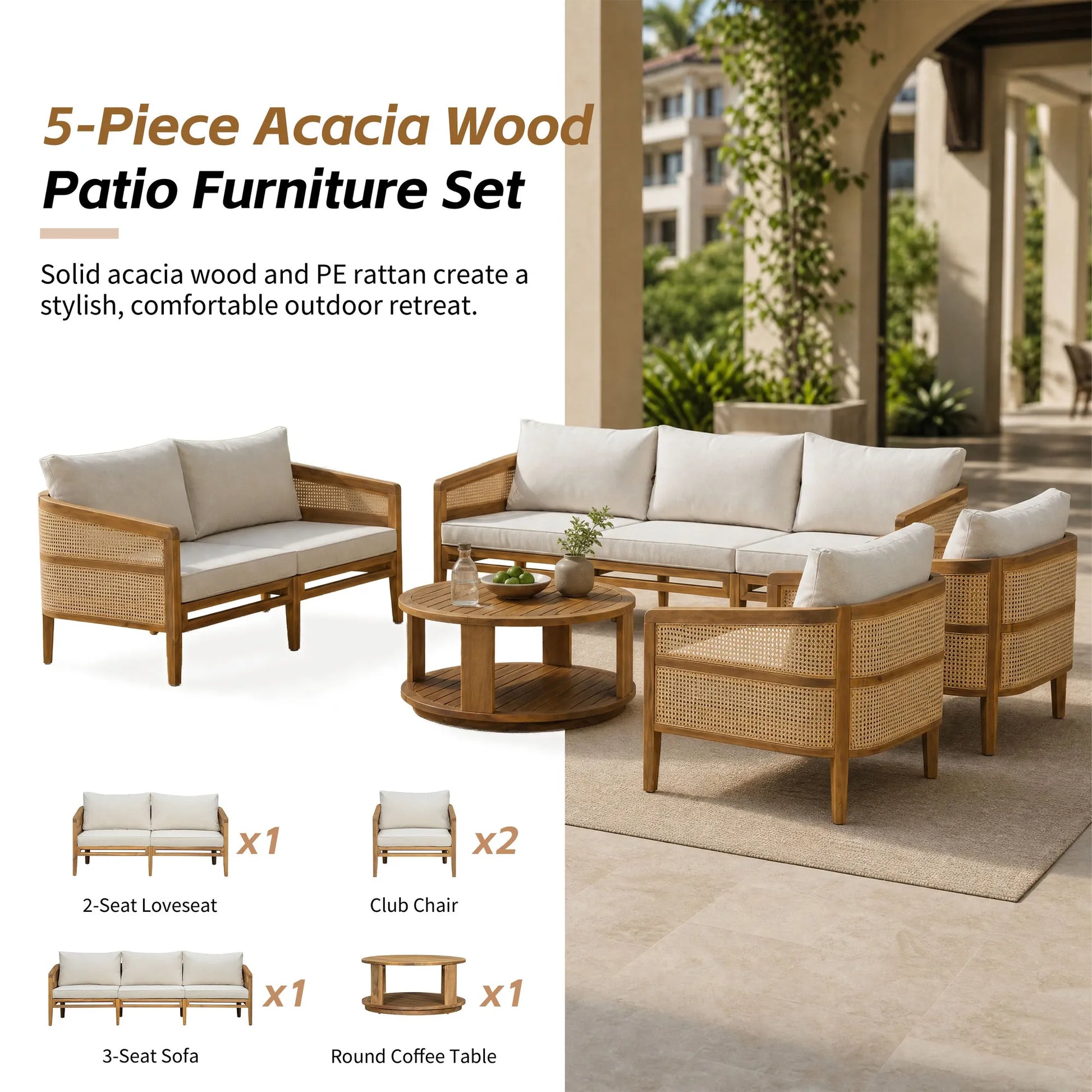 5-Piece Acacia Wood Patio Furniture Set, Modular Outdoor PE Rattan Sofa Set with Loveseat, 2 Armchairs & Round Coffee Table, Water-Resistant Cushions – view 4