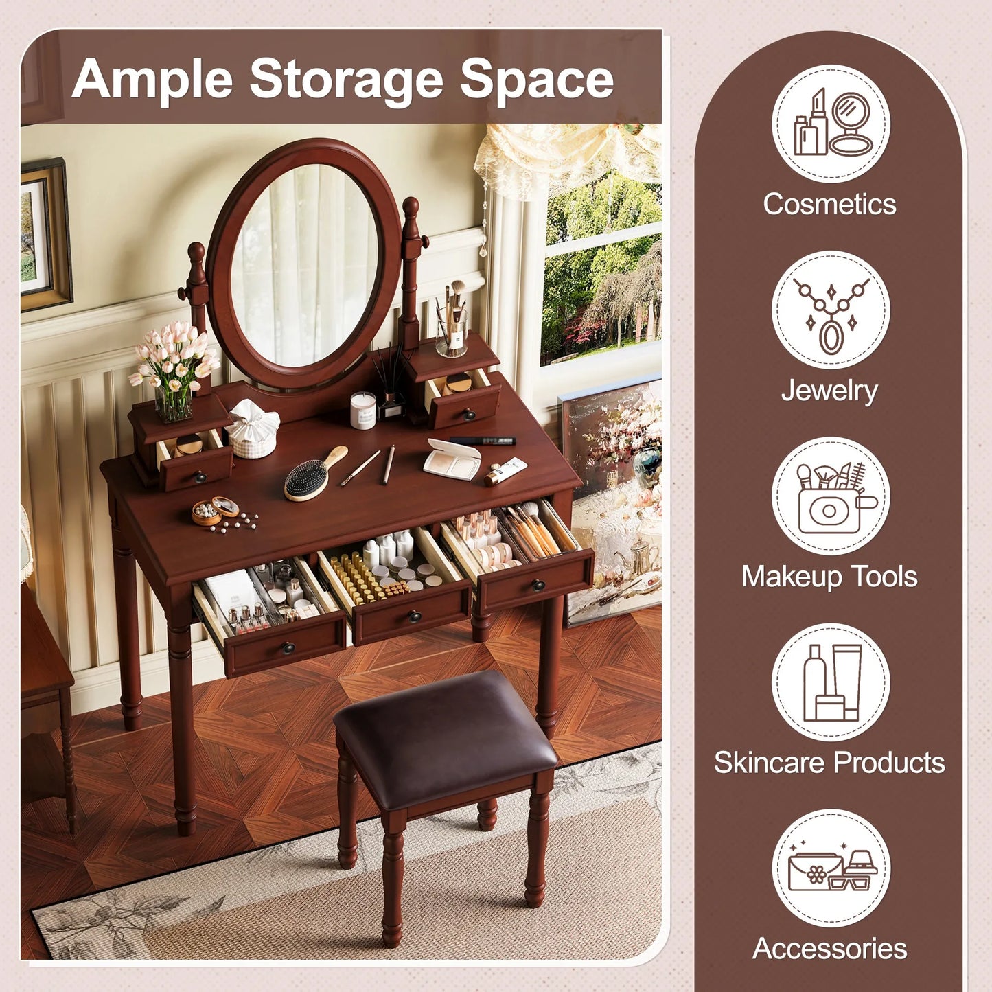 Vanity Desk with Adjustable Angle Mirror, Vintage Vanity Makeup Table and Cushioned Stool Set with Velvet Fabric Lining 5 Drawers,Wooden Dressing – view 4