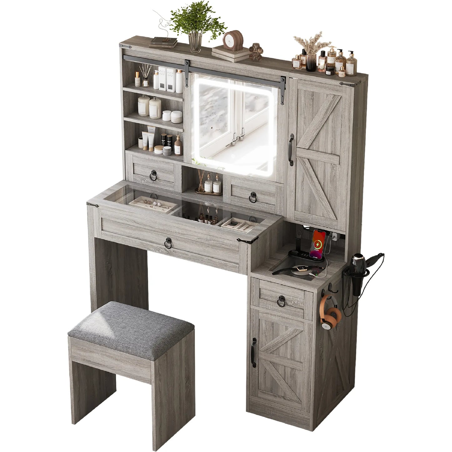 Farmhouse Vanity Desk with Sliding Mirror and Lights, Vanity Set with Glass Top and Charging Station ,Dressing Table with 4 Drawers and 2 Cabinets – view 4