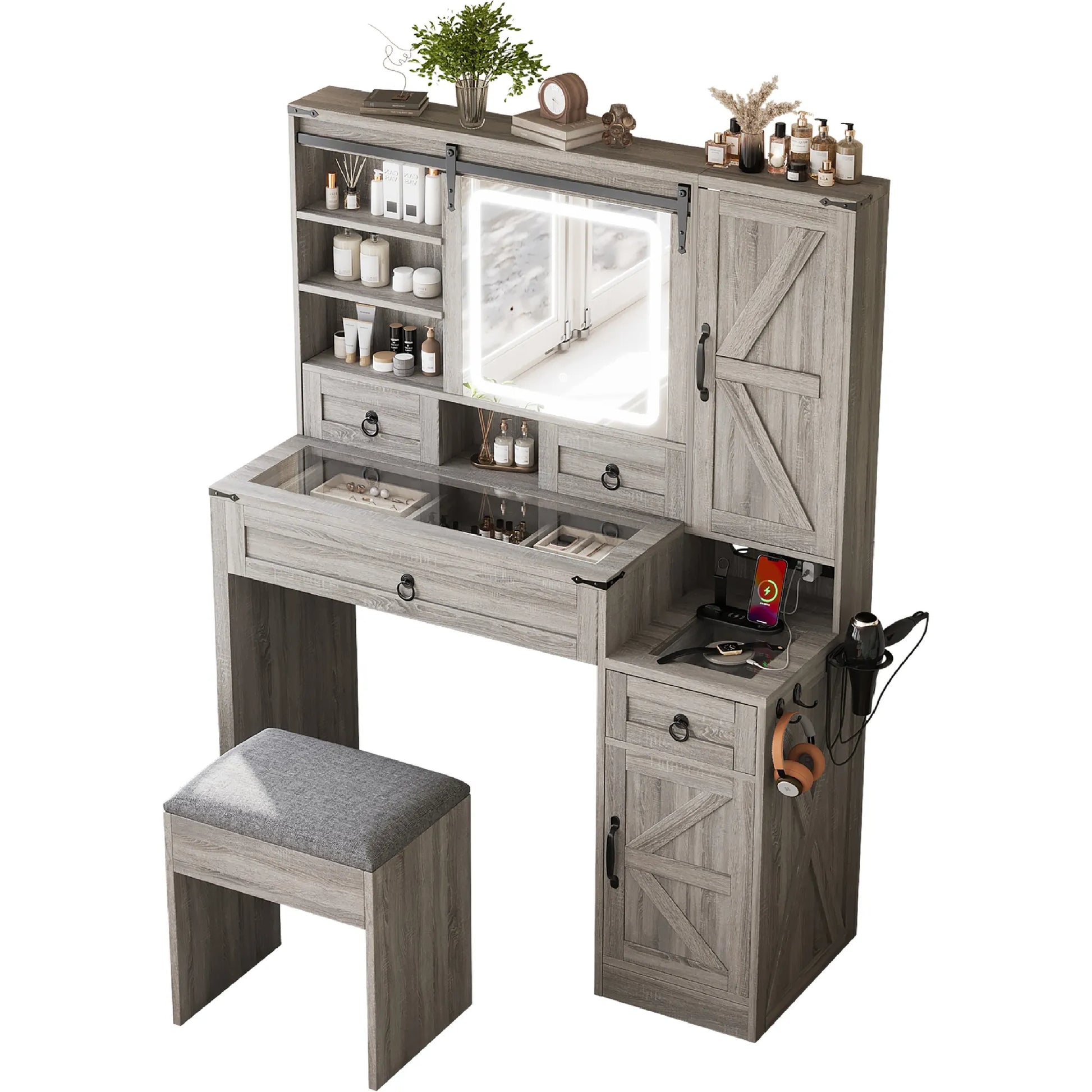 Farmhouse Vanity Desk with Sliding Mirror and Lights, Vanity Set with Glass Top and Charging Station ,Dressing Table with 4 Drawers and 2 Cabinets – view 4