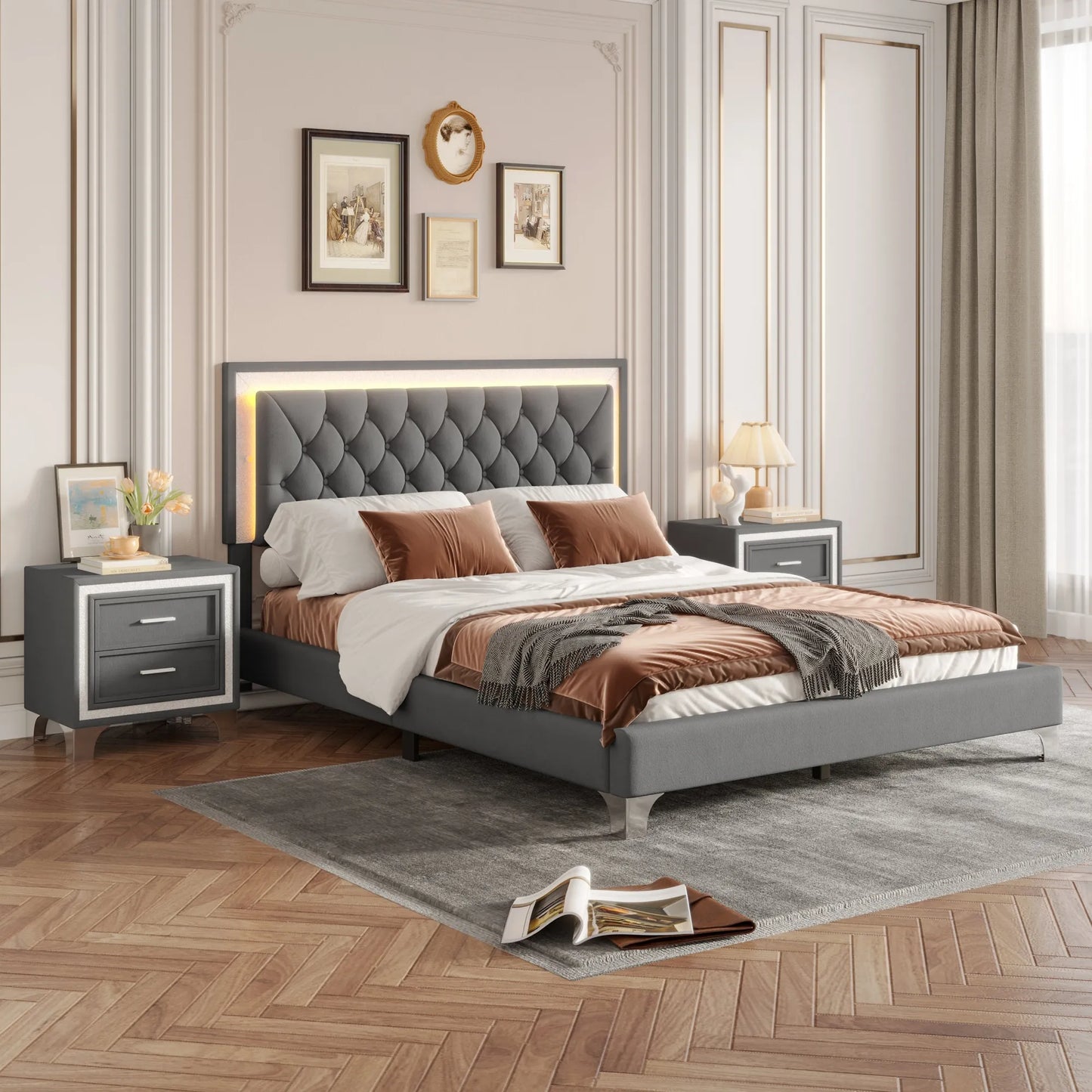 3-Pieces Bedroom Sets,Queen Size Upholstered Platform Bed with LED Lights and Two Nightstands-Gray – view 4