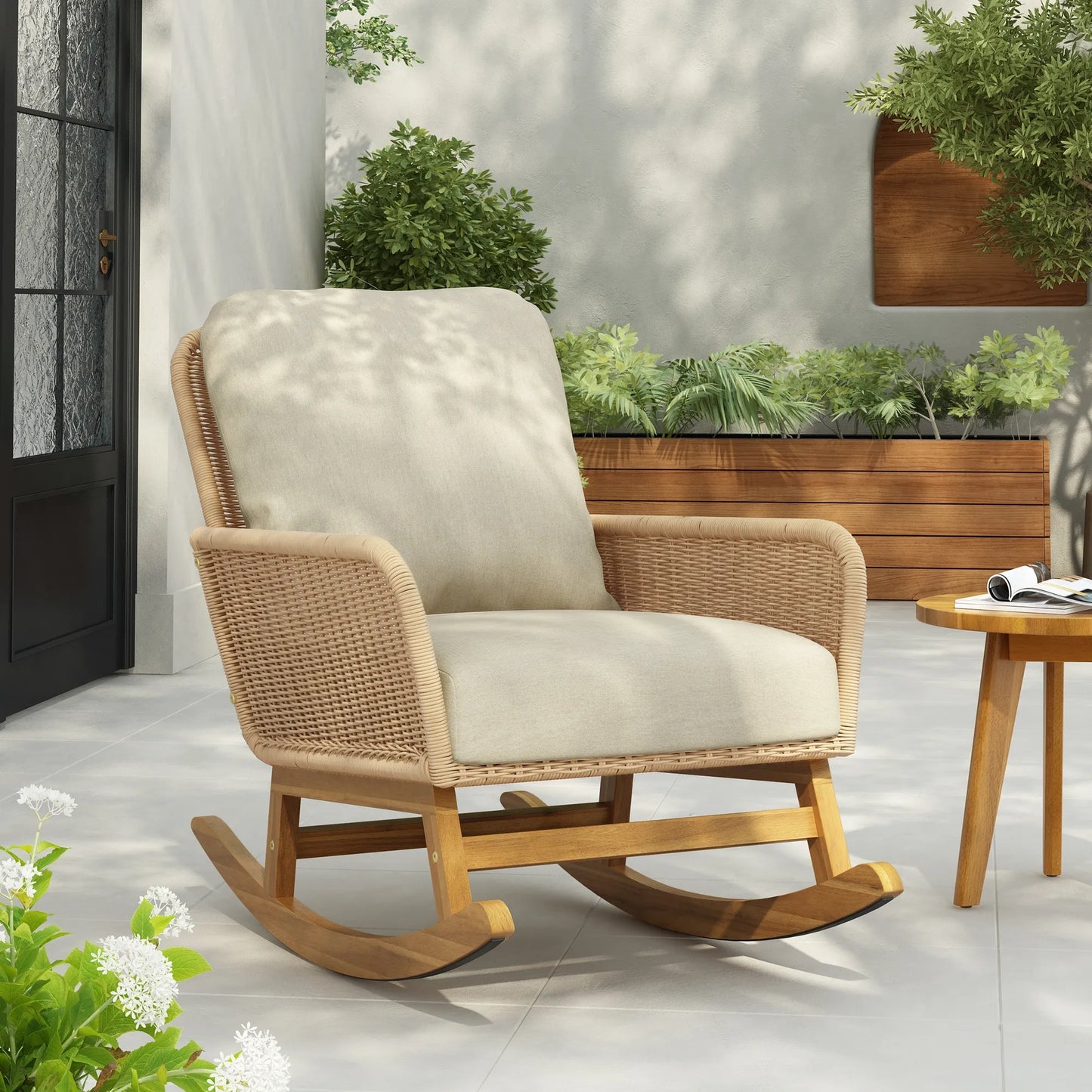 Contemporary Minimalist Beige Wicker Rocking Chair with Soft Polyester Cushions and Wooden Frame – view 4