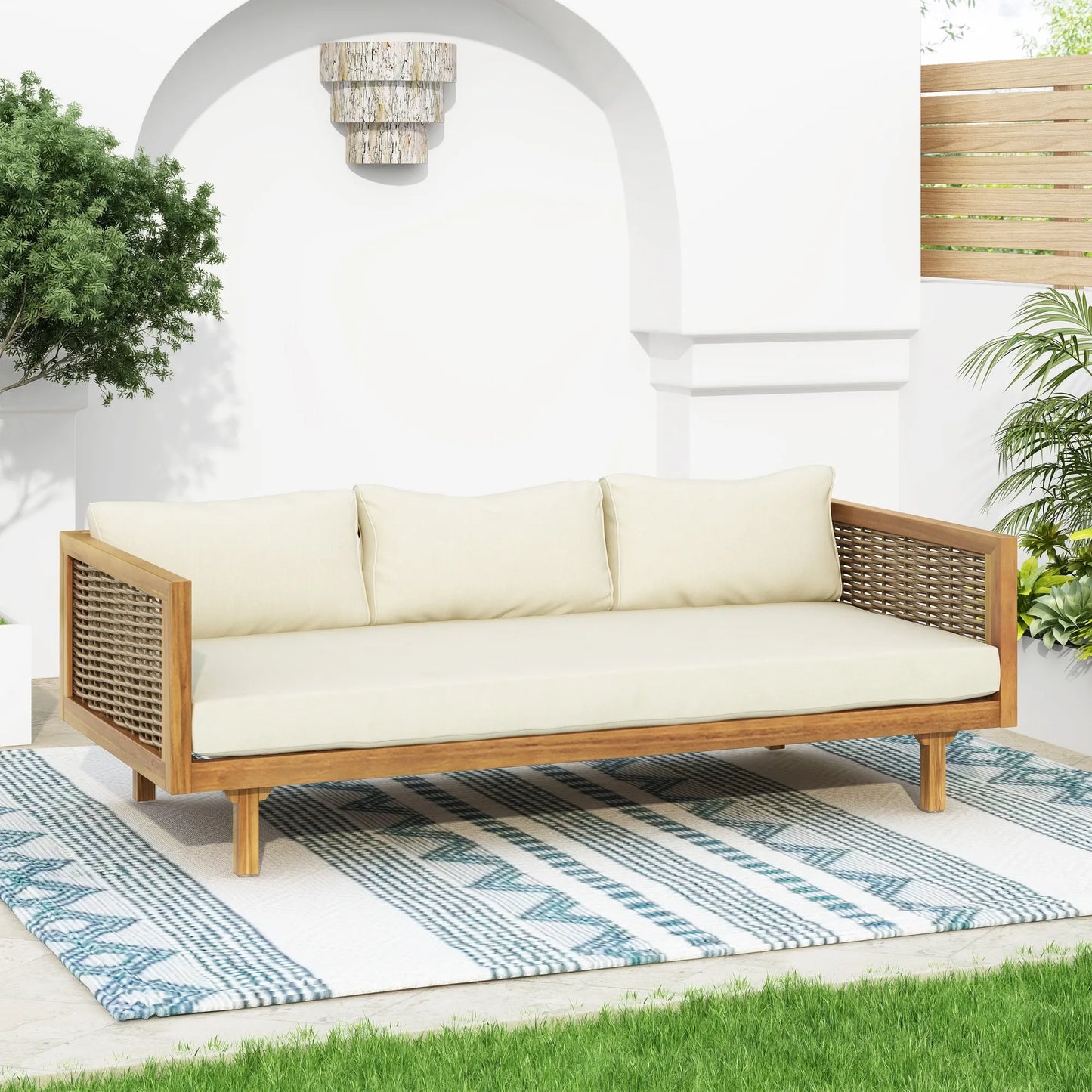 CLAREMONT 3 Seater Daybed with Rattan Arms Beige Cushion Acacia Wood – view 4
