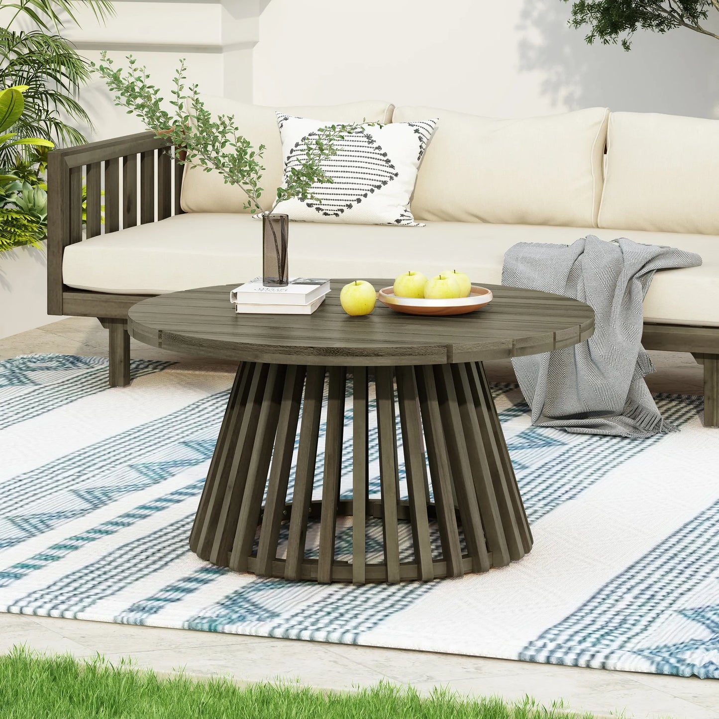 Outdoor Acacia Wood Patio Coffee Table, Round Coffee Table for Backyard, Lawn, Balcony,Grey Finish – view 4