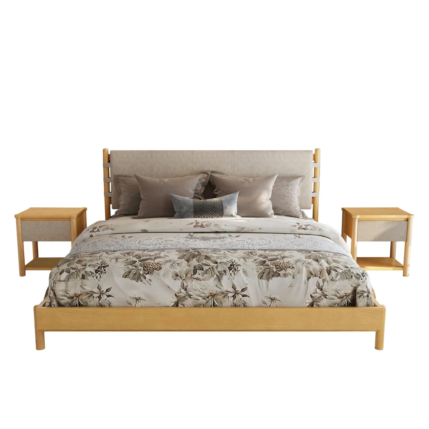 Modern Queen Bed Frame Set with 2 Nightstands, Beige Wood Platform Bed with Headboard and Matching Bedside Tables for Bedroom – view 4