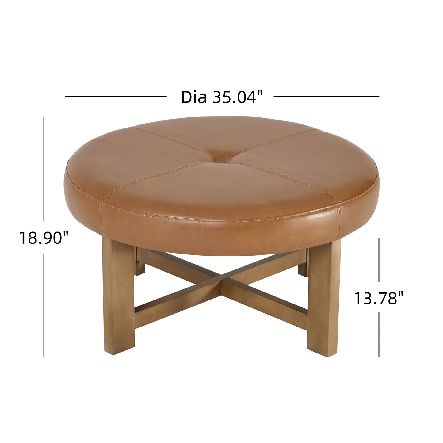 Round Leather Ottoman Coffee Table with Solid Wood Base, Tufted Faux Leather Upholstered Footrest, Brown Top with Walnut Finish Legs – view 4
