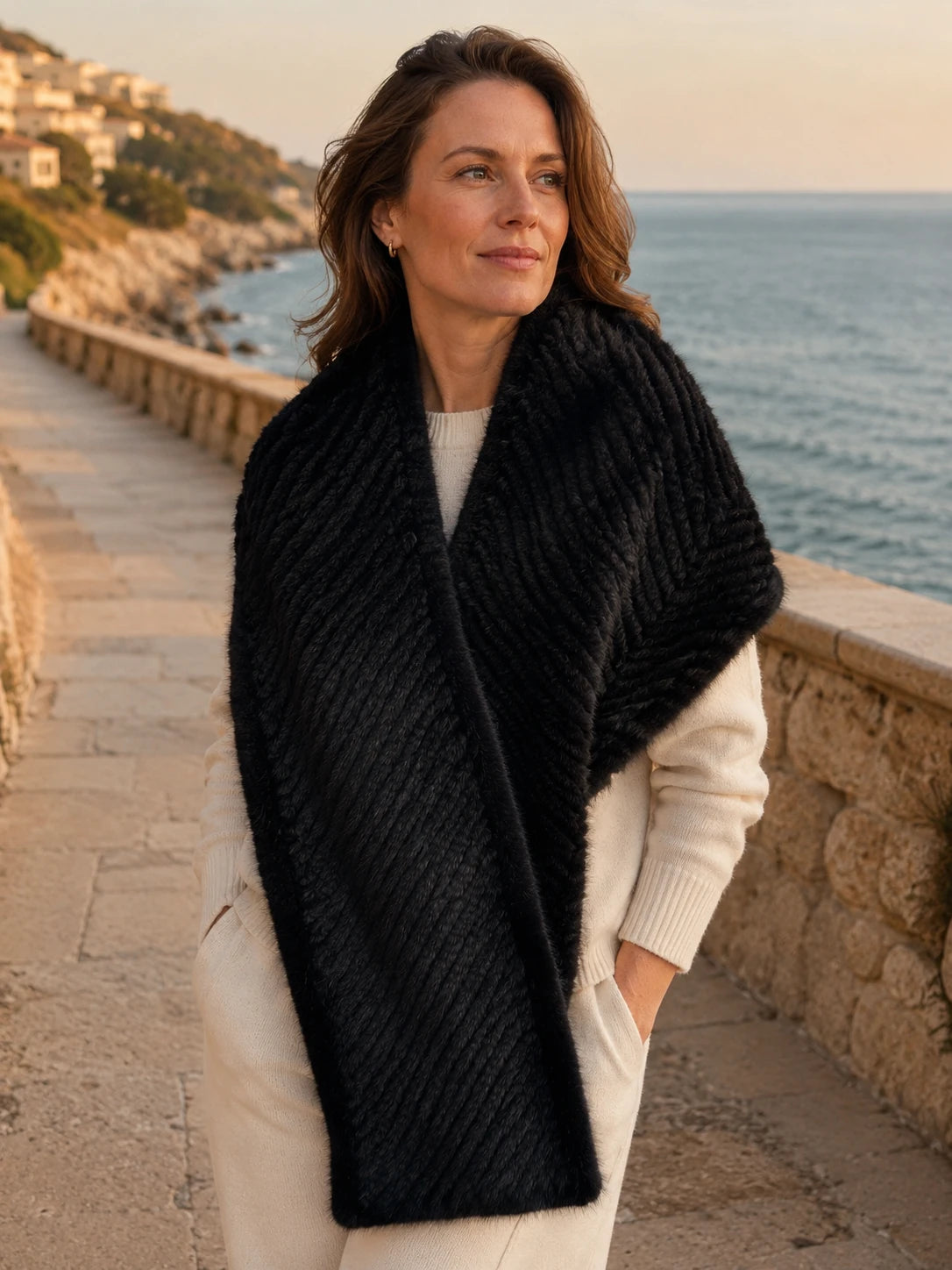Woman styling a Natural Black genuine mink fur scarf by the coast