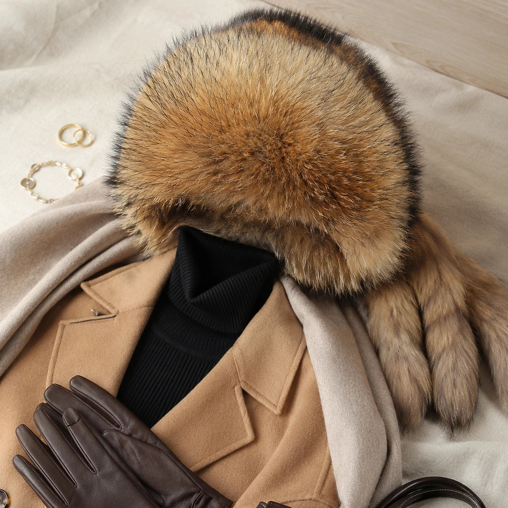 Natural raccoon fur trapper hat styled with a camel coat and leather gloves