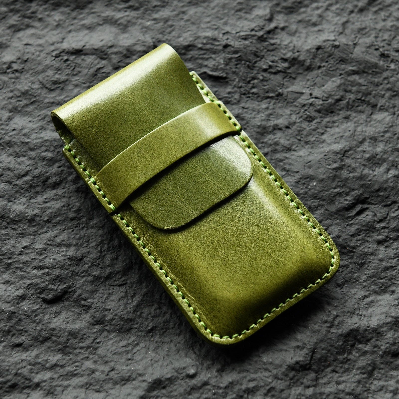 Olive green hand-stitched leather watch pouch