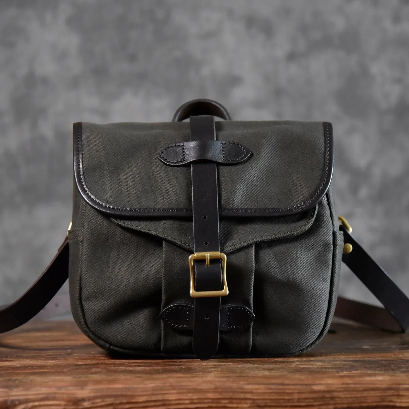 Olive green waxed canvas messenger bag full front view