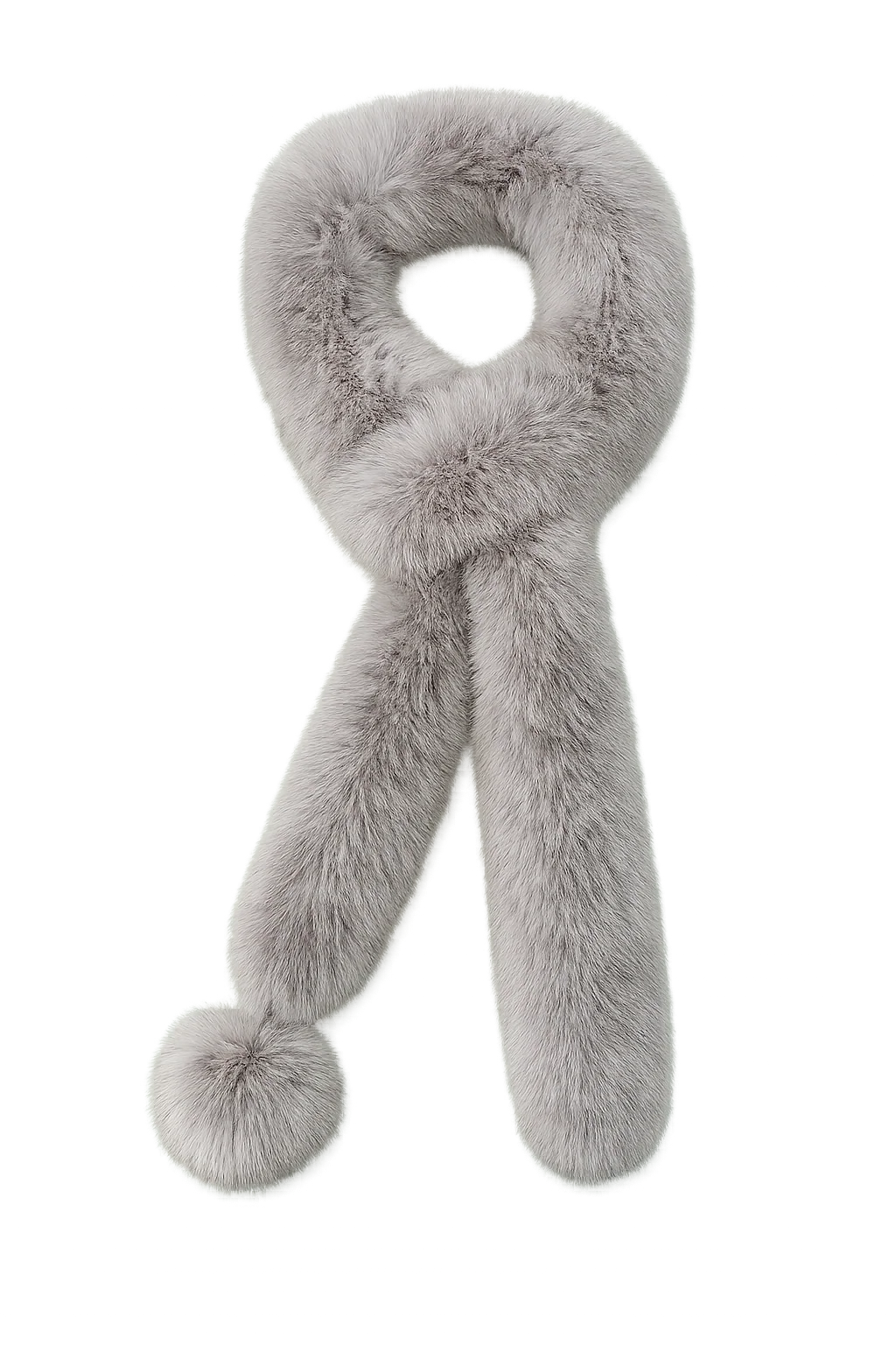 Taupe Gray fox fur long scarf with pom-pom shown in a full product view