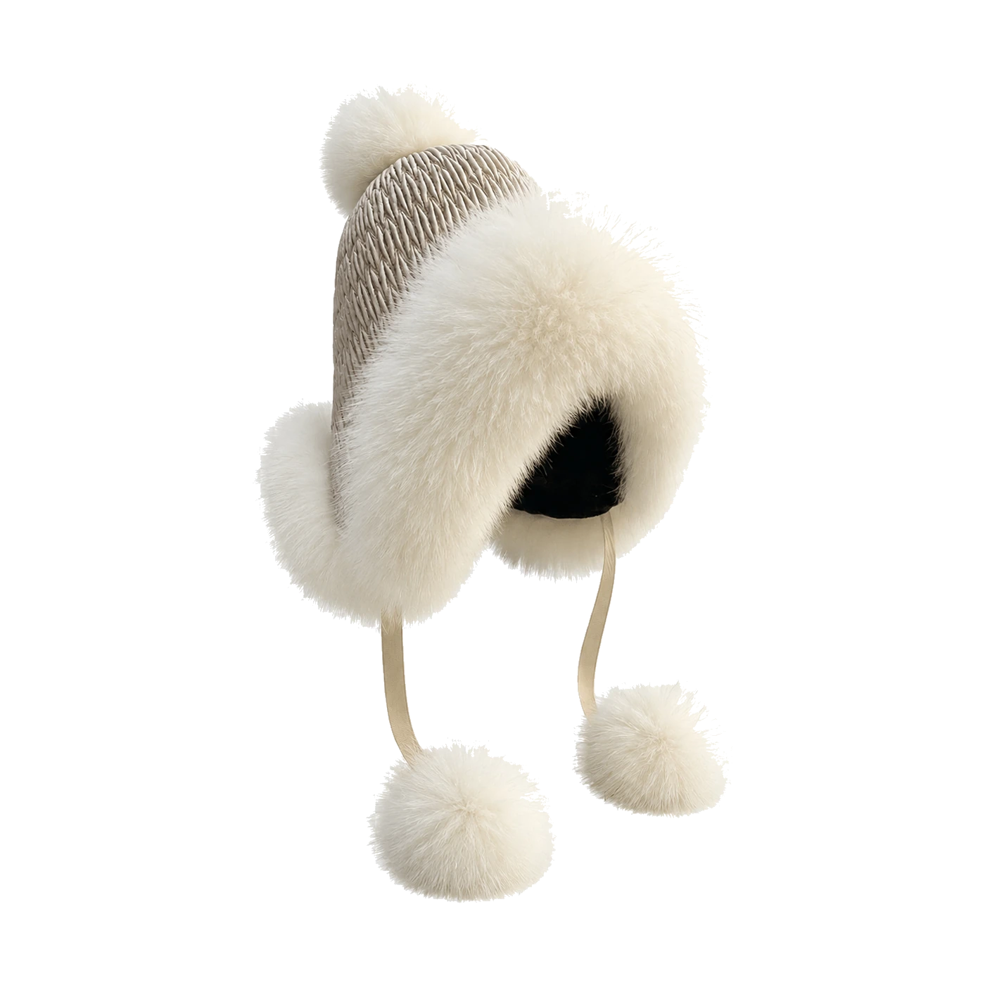 Beige genuine fox fur earflap trapper hat on transparent background