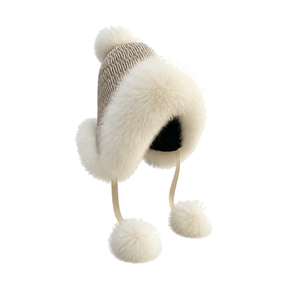 Beige genuine fox fur earflap trapper hat on transparent background