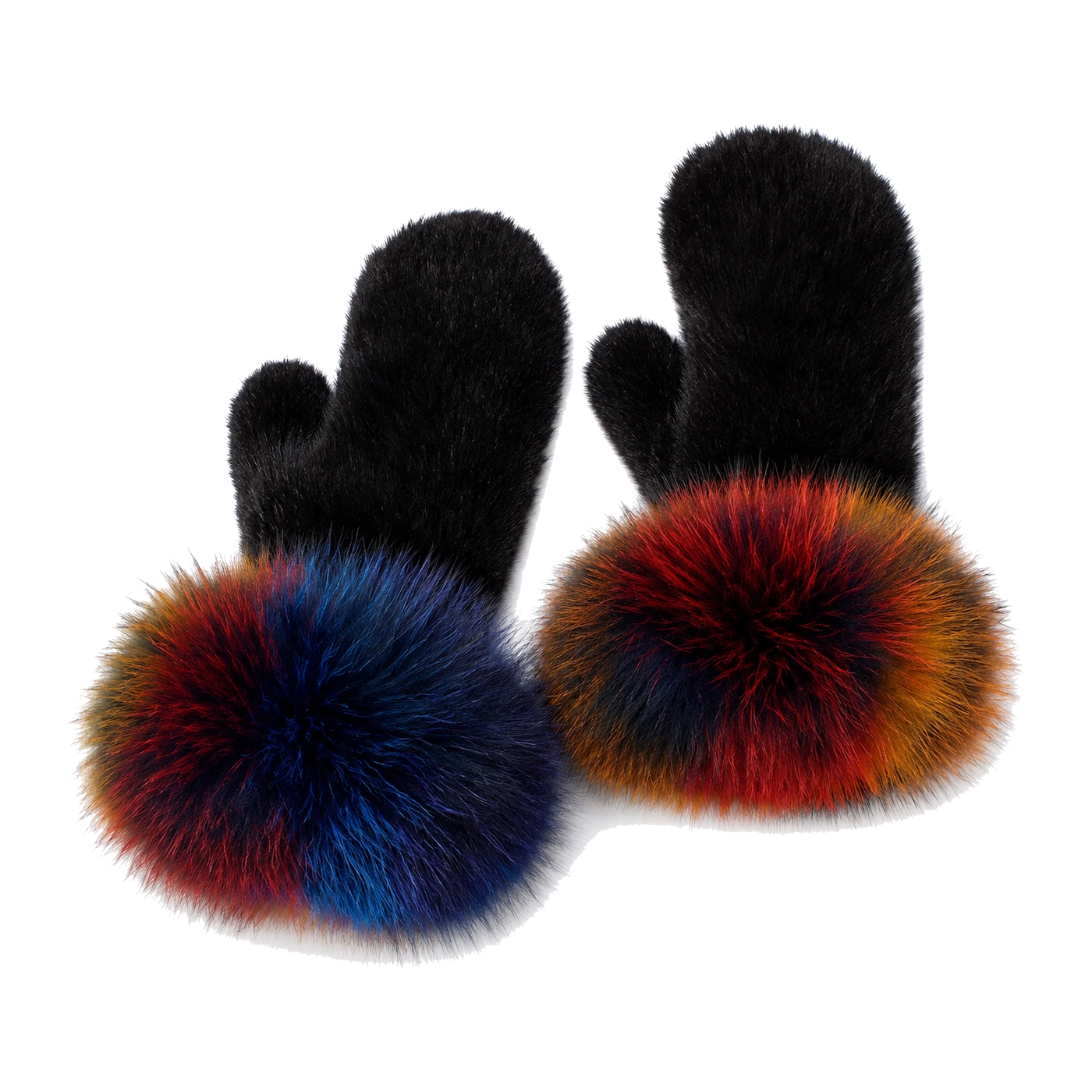 Black Rainbow Cuff genuine mink fur mittens with multicolor fox fur cuffs on transparent background
