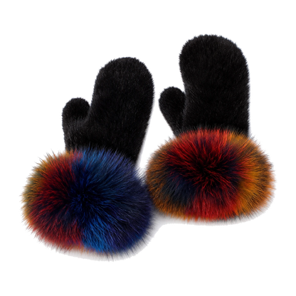 Black Rainbow Cuff genuine mink fur mittens with multicolor fox fur cuffs on transparent background